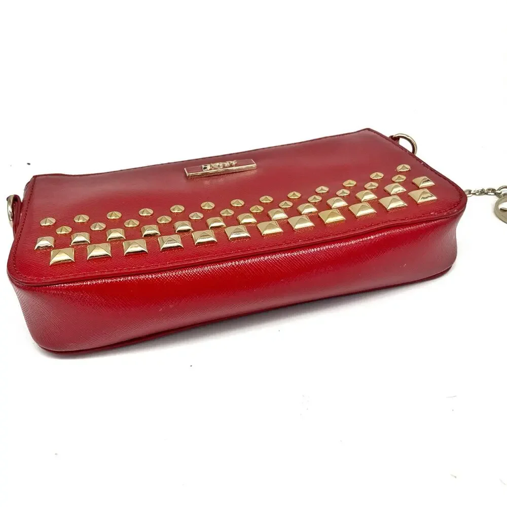 DKNY Red Saffiano Leather Studded Crossbody Clutch, Gold Hardware & Charm NWOT